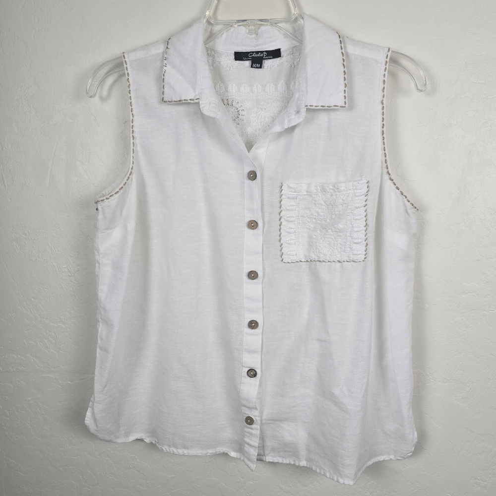 Charlie B Cottagecore Coastal Sleeveless Button Down Embroiderd Beads Blouse M - Picture 12 of 12